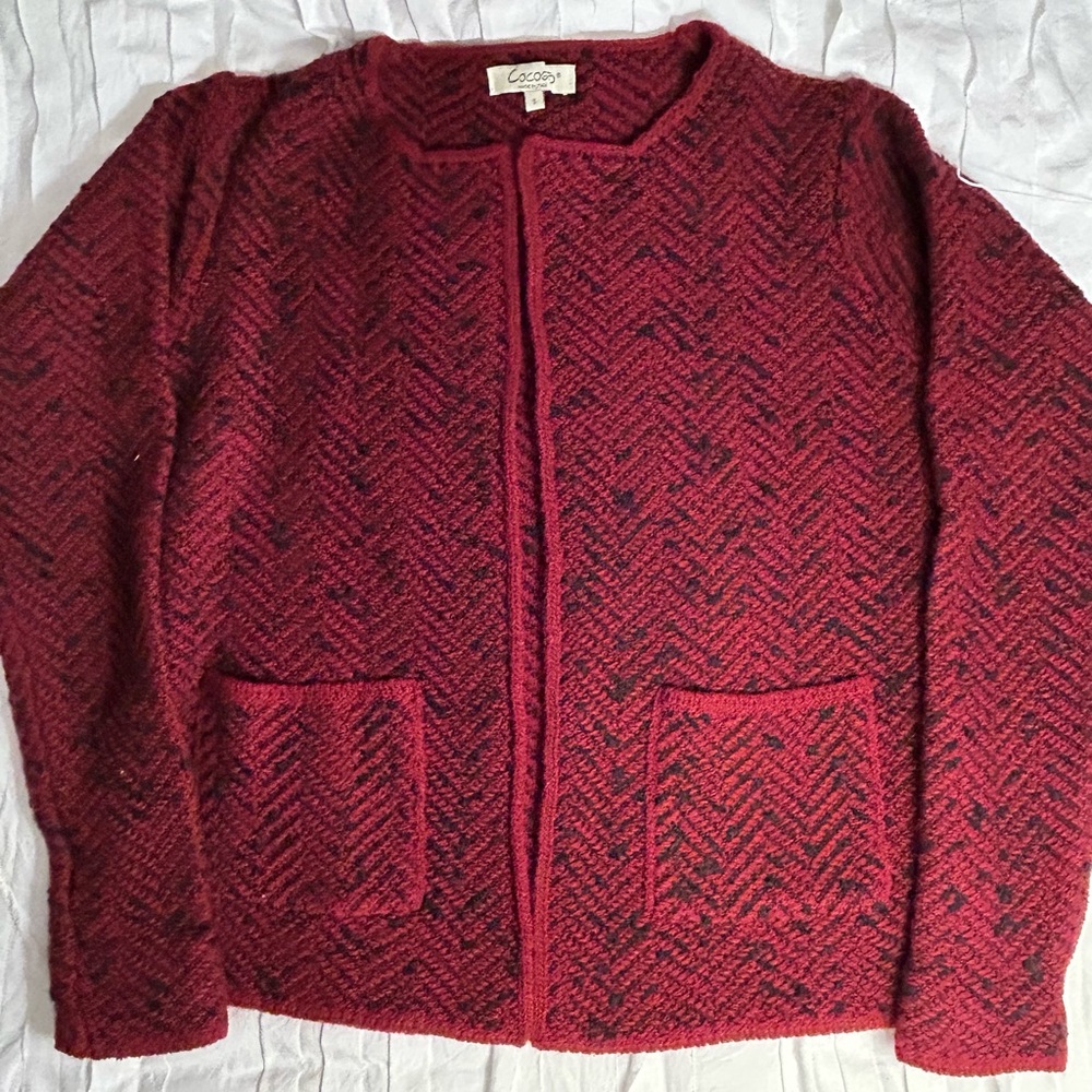 Cocogio Italy Made Open Front Wool Blend Cardigan Sweater Size S Red & black EUC